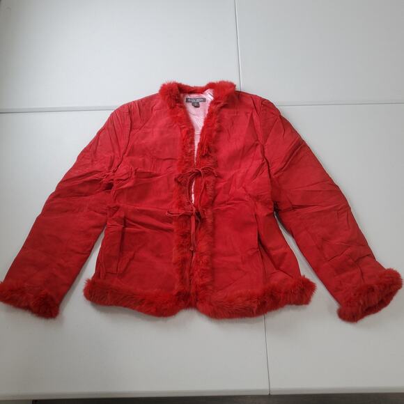 Bisou Bisou Jacket Womens Medium Red Genuine Leather Faux Fur Trim Coat Y2K - Picture 2 of 10
